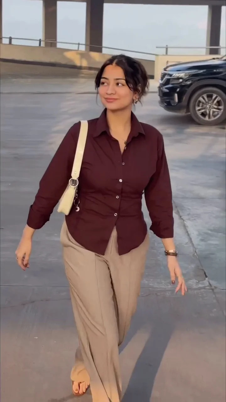 Chocolate Brown Fitted Shirt with Classic Blue Denim