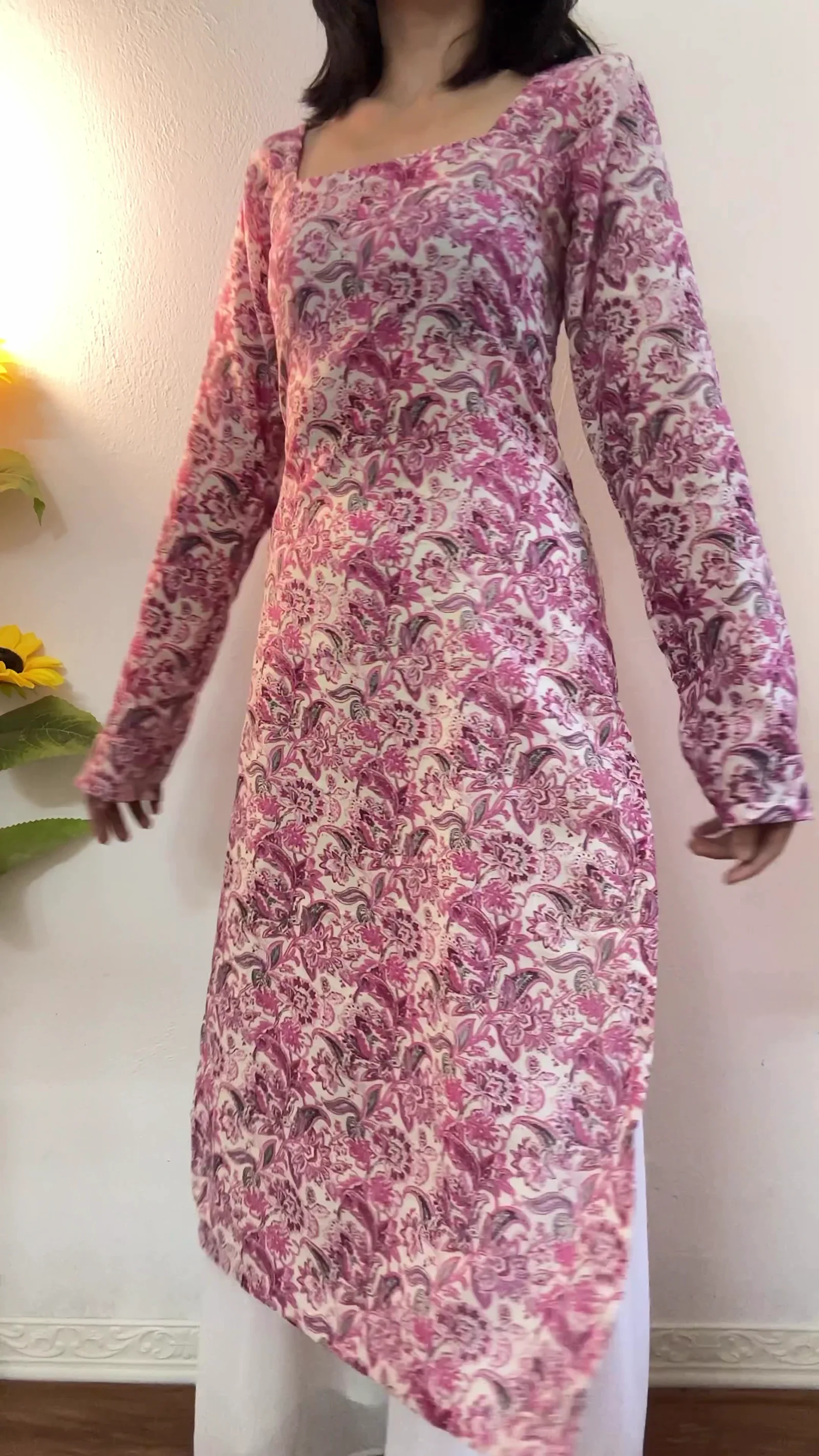 Pink Floral Square-Neck Long Kurti
