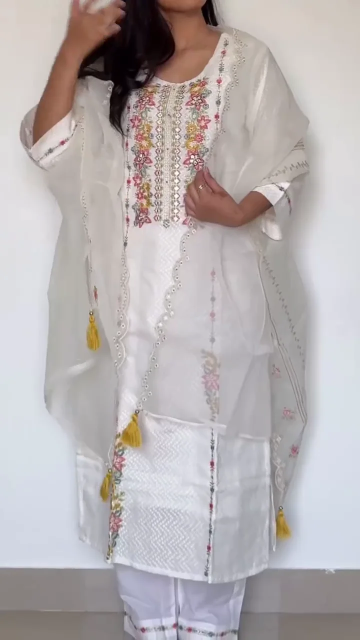 Off-White Floral Embroidered Kurta Set with Dupatta