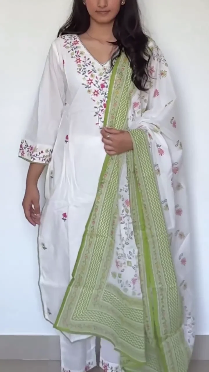 Off-White Floral Embroidered Kurta Set with Dupatta