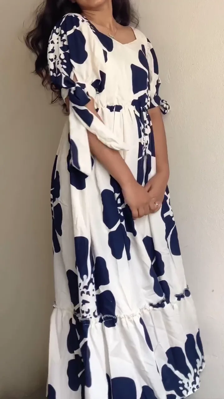 White & Navy Floral Tiered Midi Dress