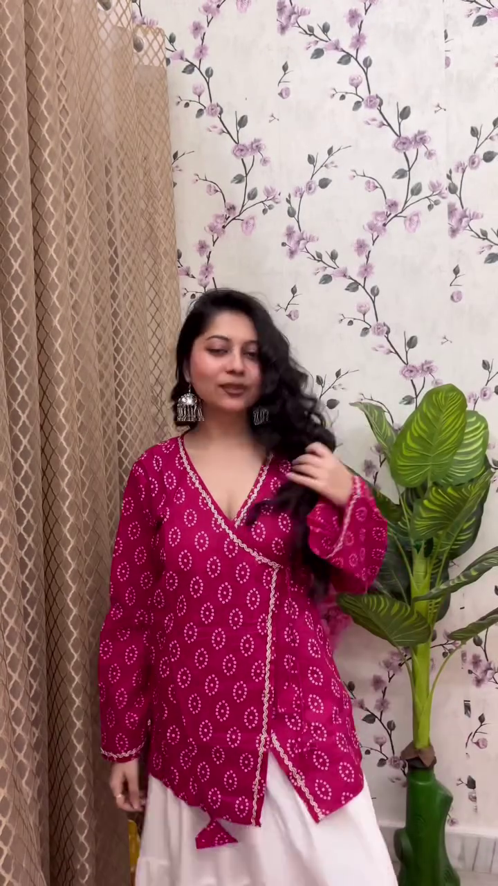 Red Printed Kurti with White Skirt