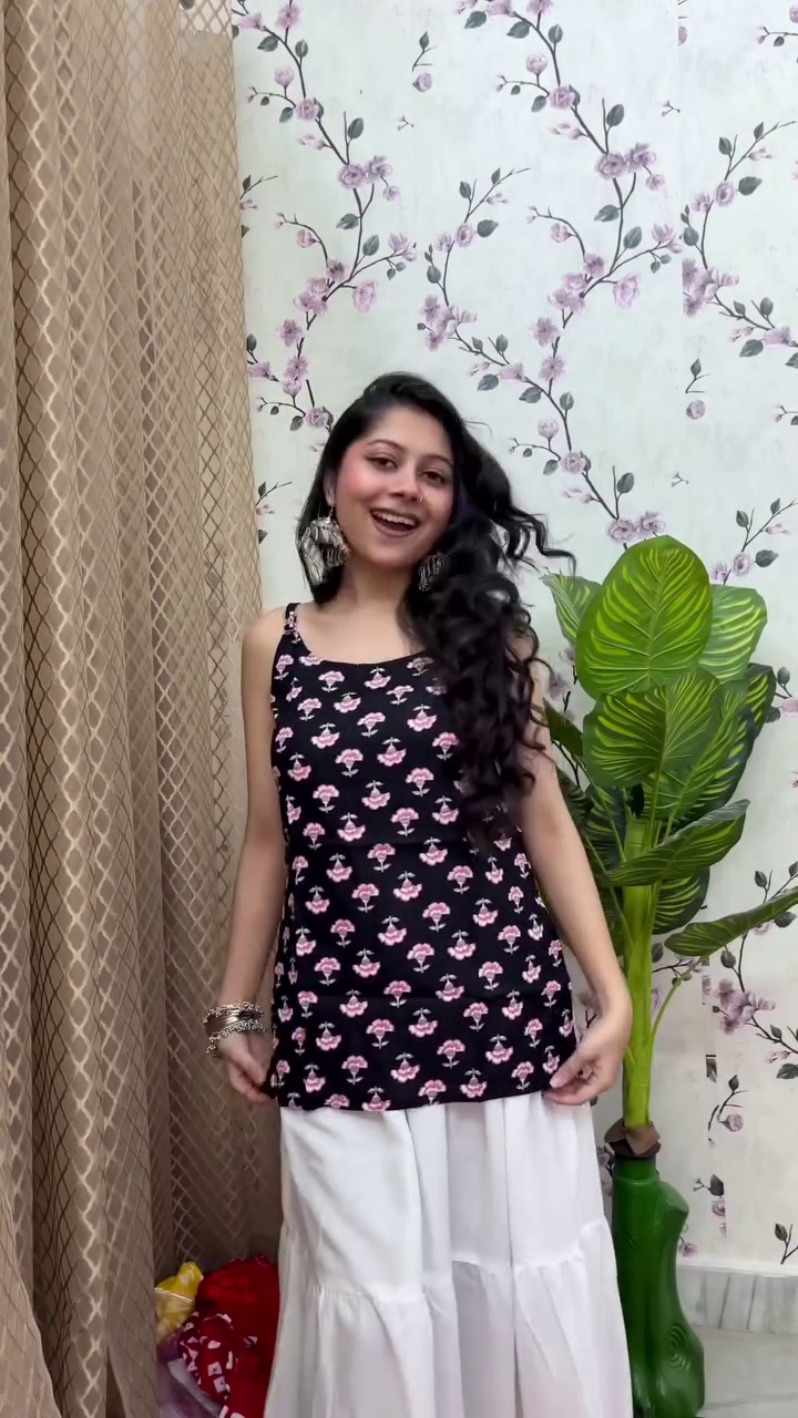 Red Printed Kurti with White Skirt