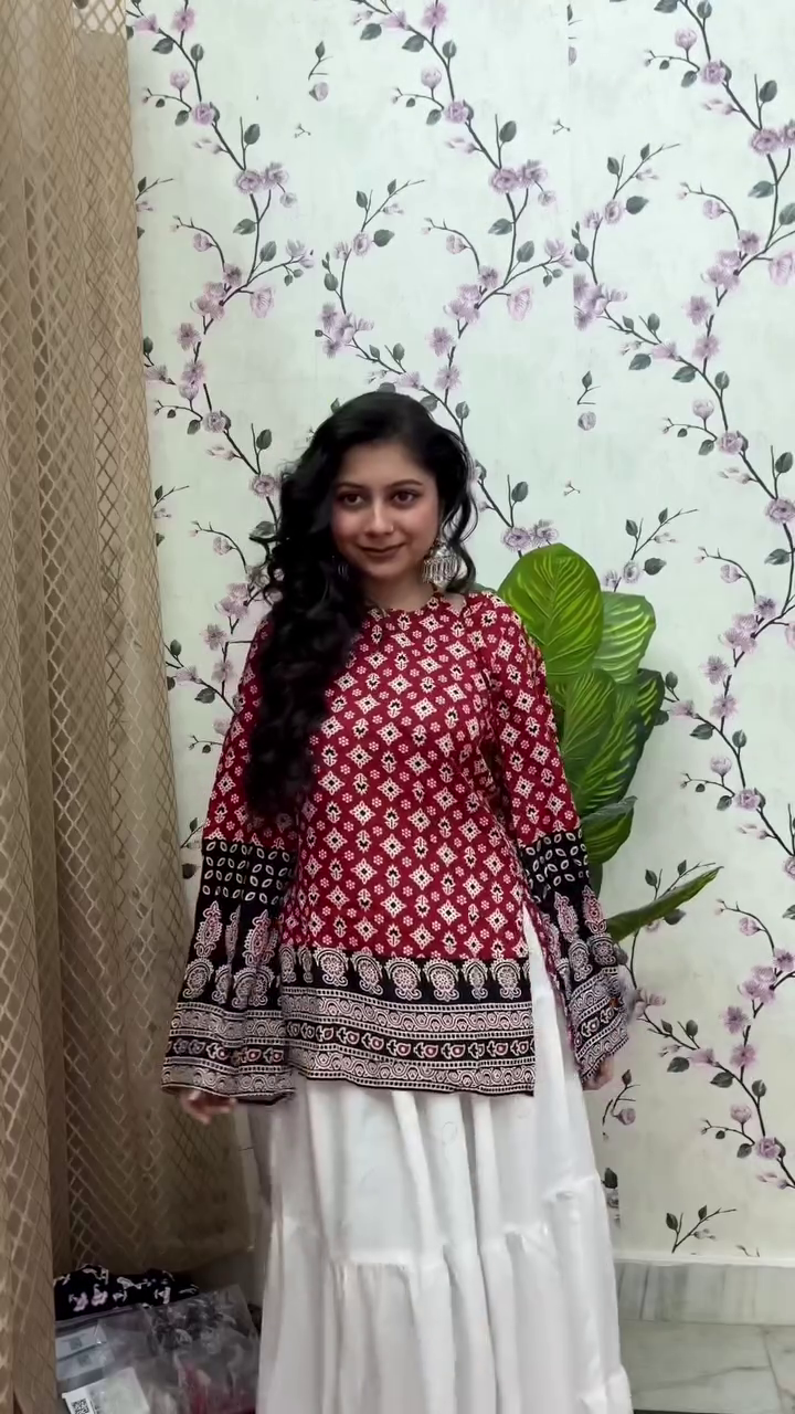 Red Printed Kurti with White Skirt