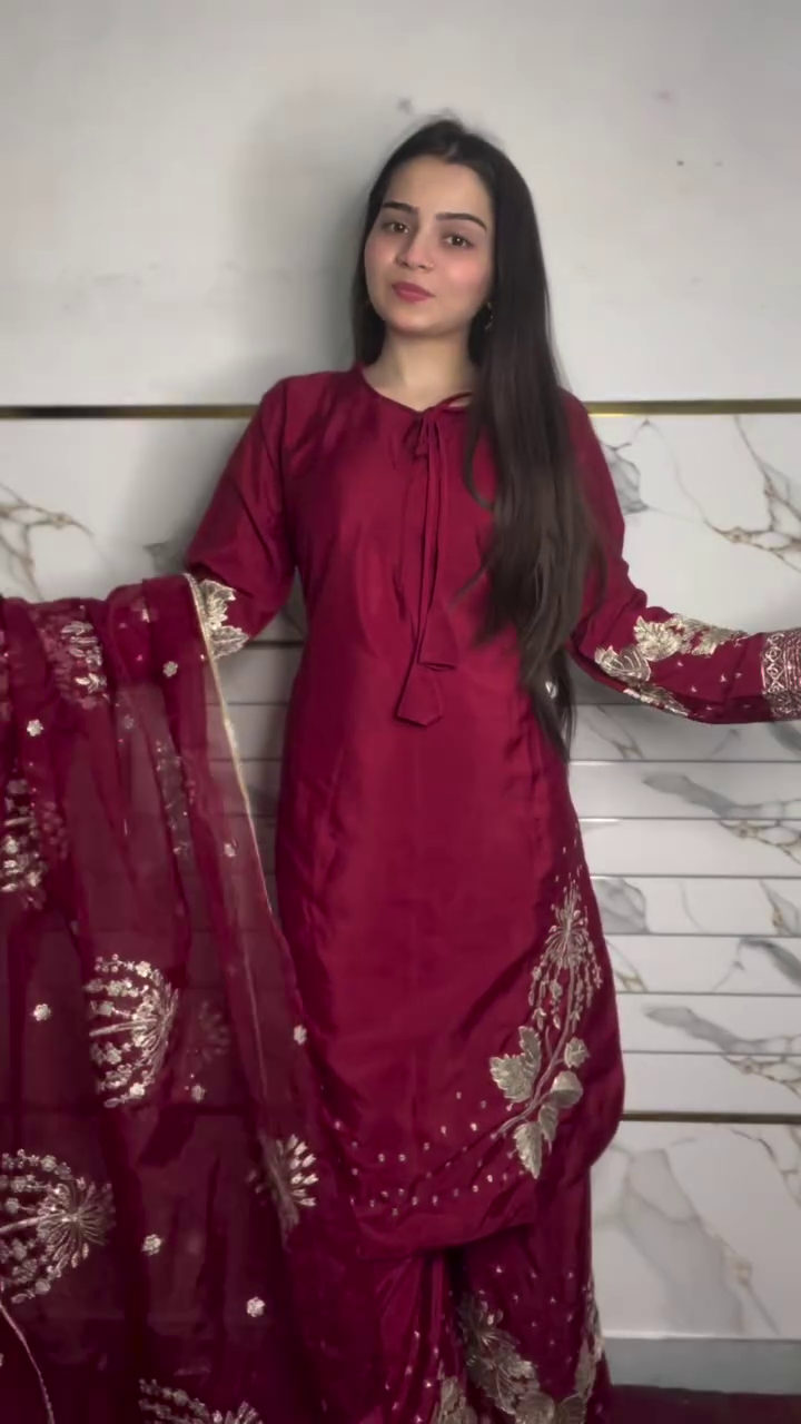 Wine Embroidered Party Suit