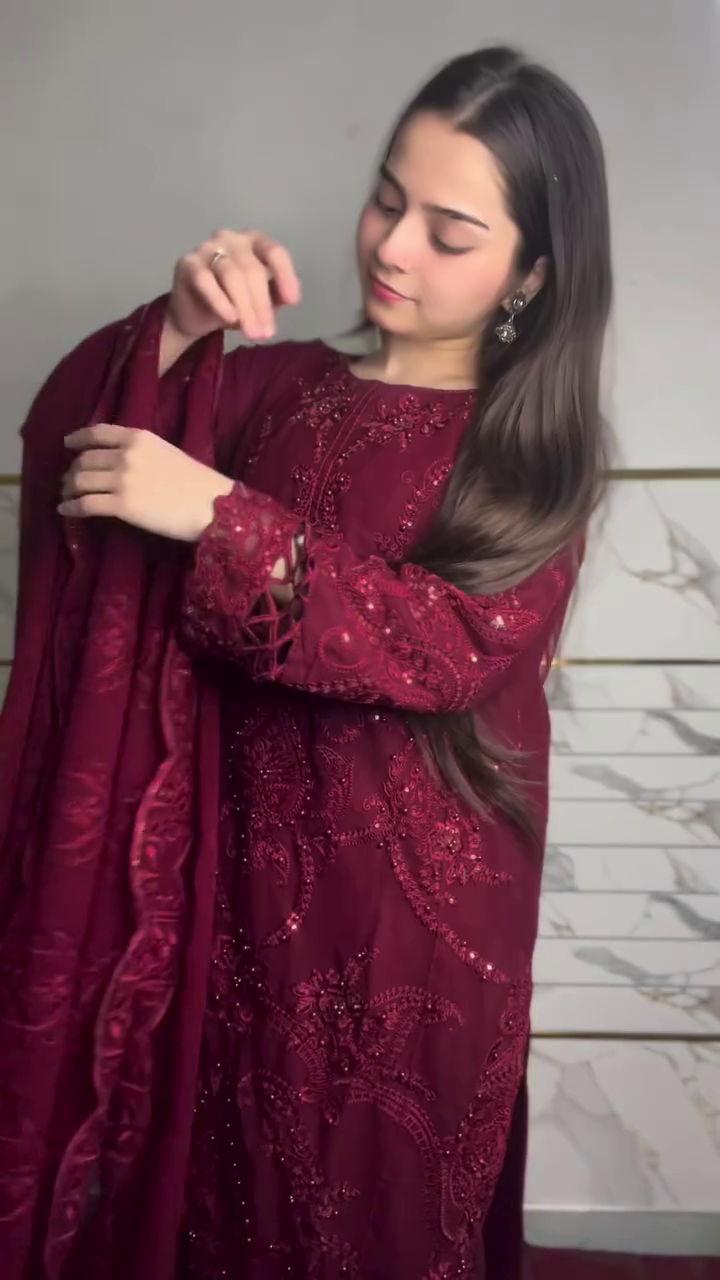 Wine Embroidered Party Suit