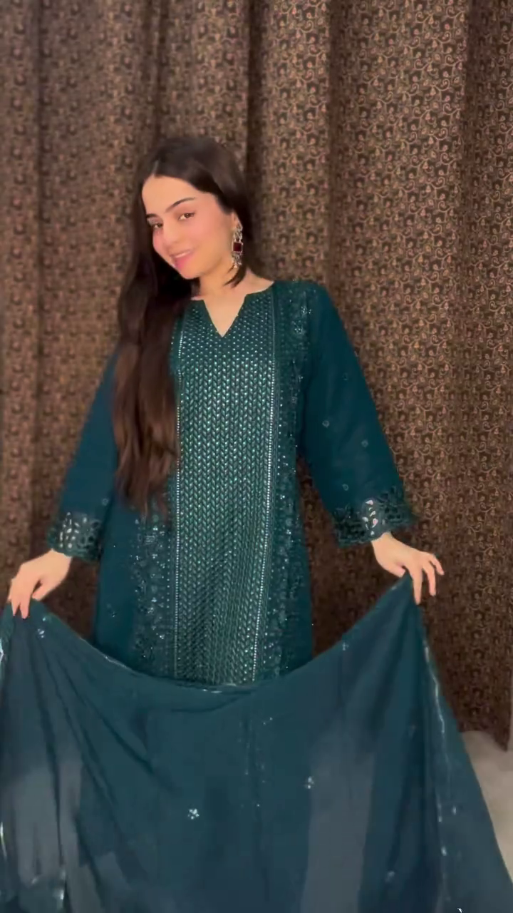 Teal Sequin Designer Kurta Set