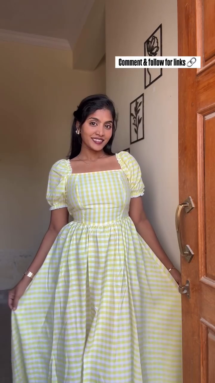 Lemon Check Puff Sleeve Dress