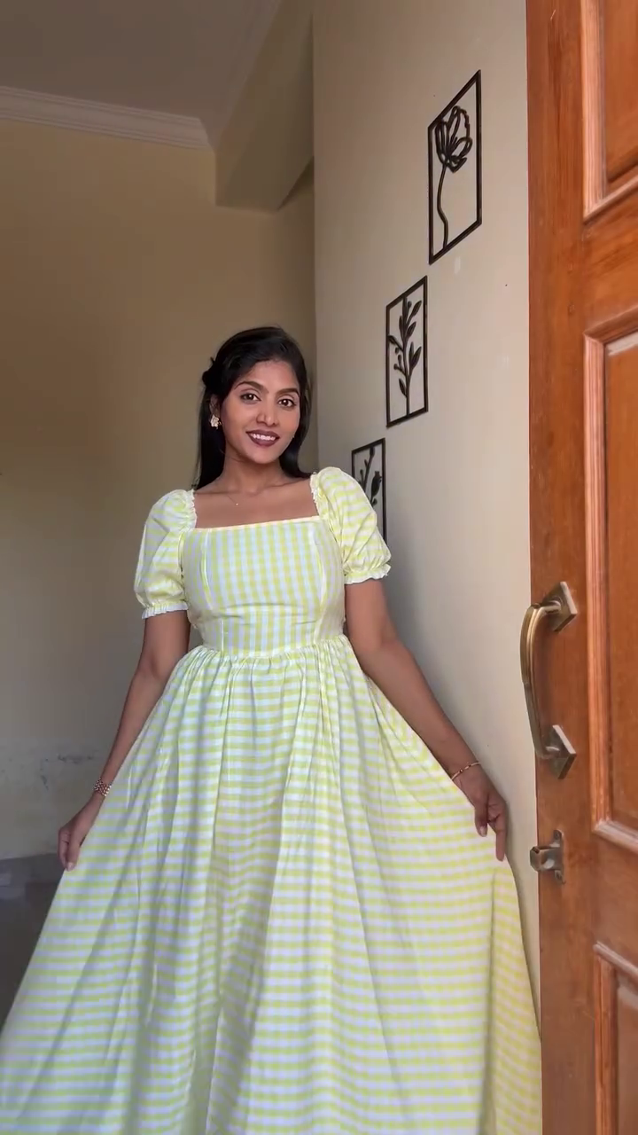 Lemon Check Puff Sleeve Dress