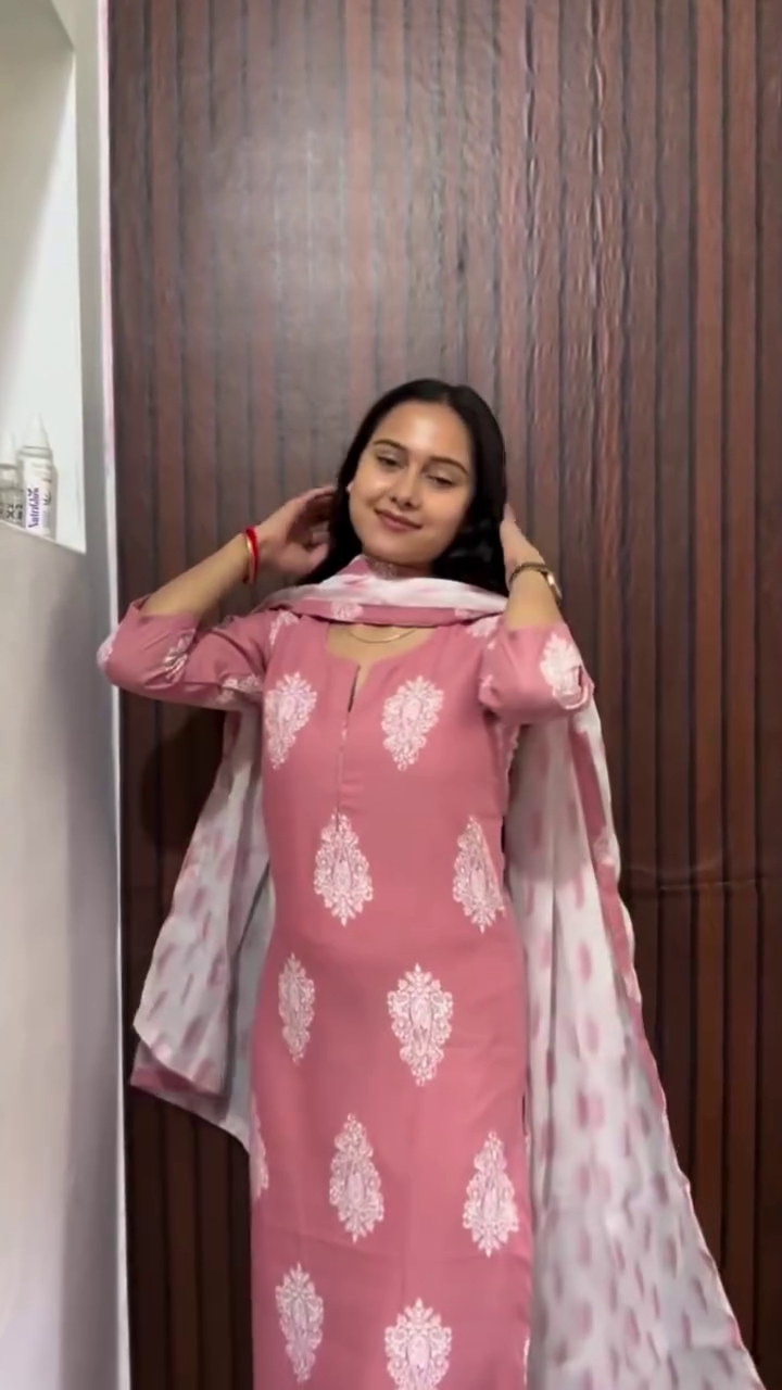 Pink Printed Cotton Suit Set