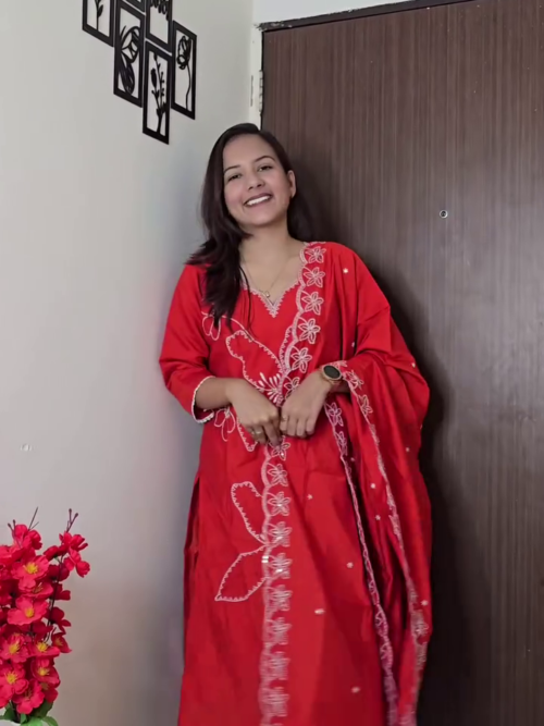 Bright Red Embroidered Kurta Set