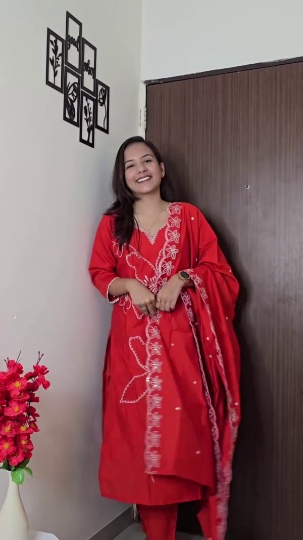 1047 (1) Bright Red Embroidered Kurta Set