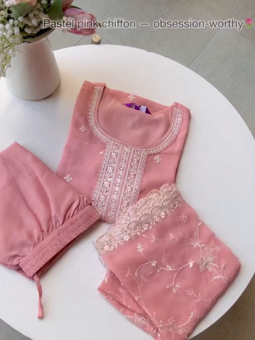 Pastel Pink Chiffon Kurta Set