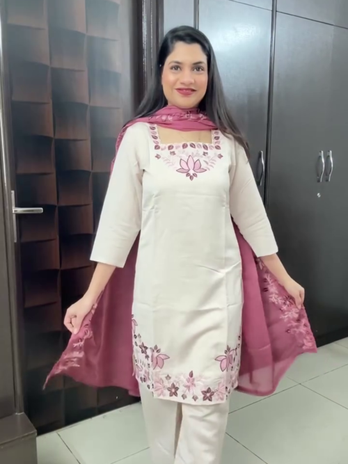 Cream Floral Kurta Set with Pink Dupatta