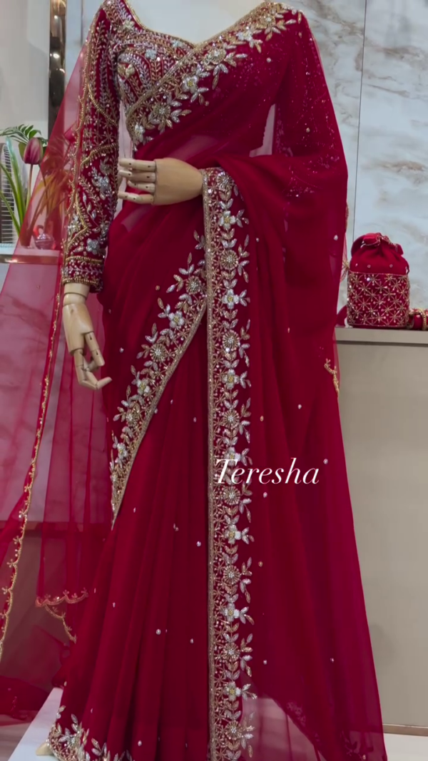 1149-1.png Regal Ruby: Hand-Embroidered Bridal Georgette Saree by Teresha