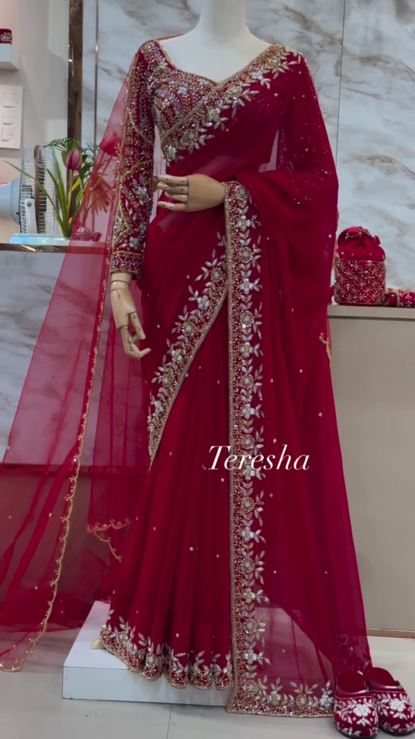 1149-2.png Regal Ruby: Hand-Embroidered Bridal Georgette Saree by Teresha