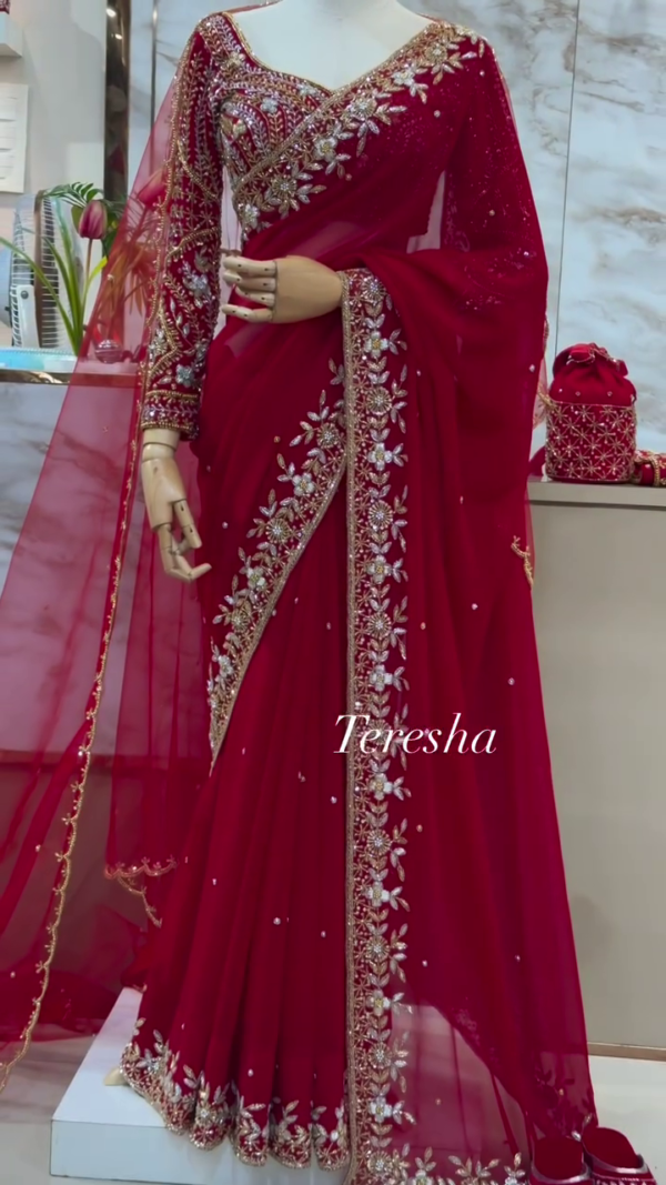 1149-3.png Regal Ruby: Hand-Embroidered Bridal Georgette Saree by Teresha
