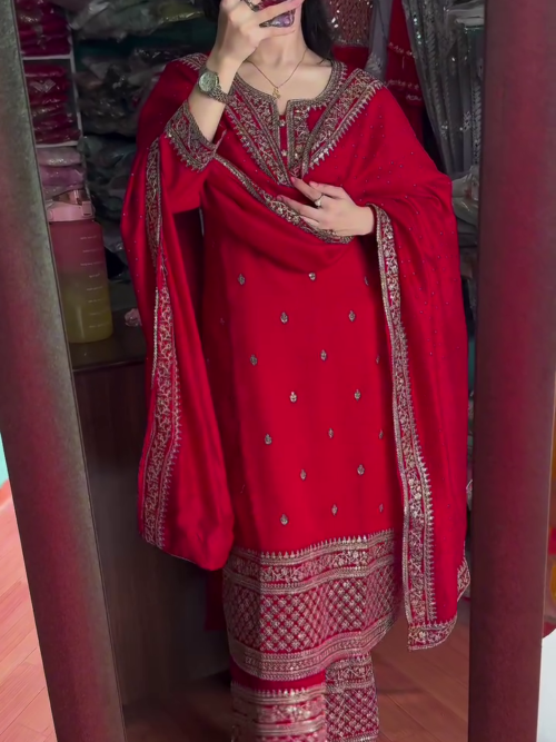 1162-4.png Elegant Chinon Silk Red Sharara Dress for Karwa Chauth – A Perfect Blend of Tradition and Glamour