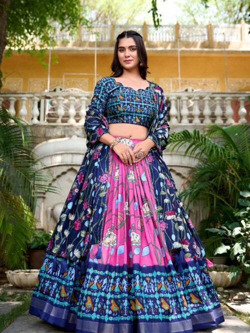 1214PNKMAIN.jpg Pink Tussar Silk Lehenga Choli Set with Pichwai and Patola Print Elegant Ethnic Wear