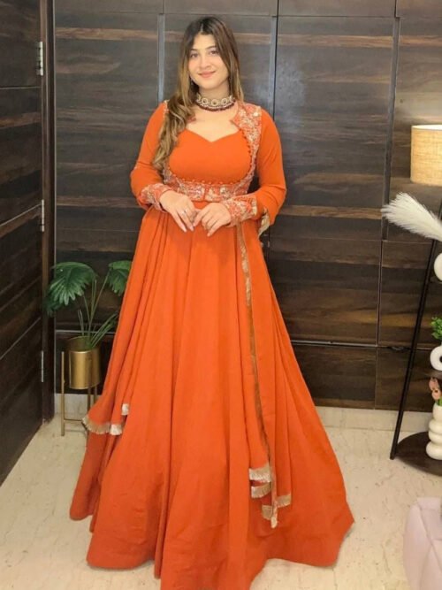 13D_1.jpg Orange Color Jacket Style Anarkali Suit Set