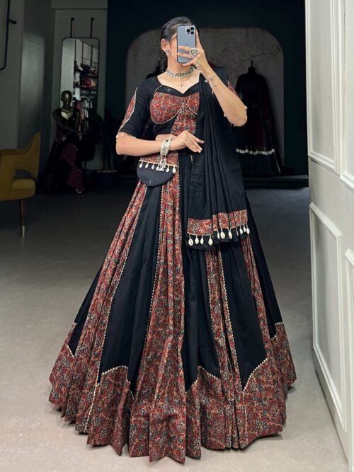 1657MRNMAIN.jpg Black Cotton Chaniya Choli Set with Gota Patti and Printed Work Traditional Lehenga