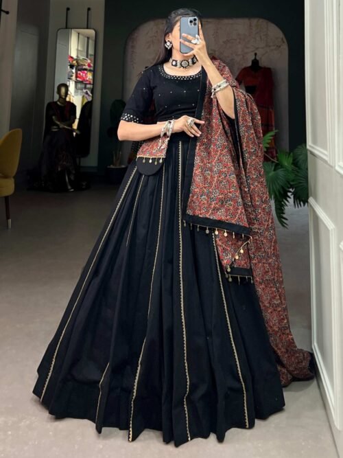 1697BLKMAIN.jpg Black Cotton Traditional Lehenga Choli Set with Gota Patti Work