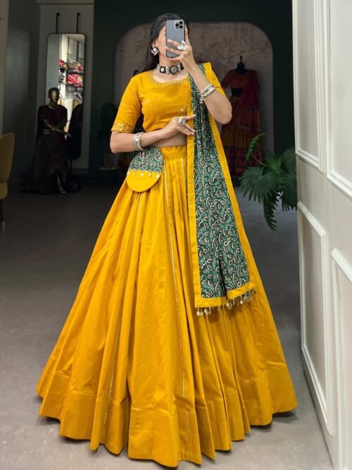 1697MSTMAIN.jpg Mustard Color Plain With Gota Patti Cotton Lehenga Choli by Suratikart
