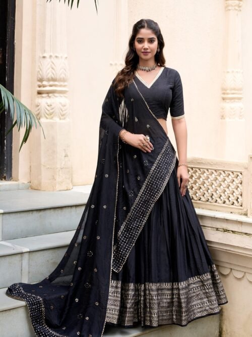 1906BLK_MAIN.jpg Black Chanderi Silk Lehenga Choli Set
