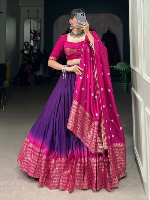 1907PRLMAIN.jpg Purple Color Pure Chanderi Lehenga Set with Zari Weaving and Bandhej Print Dupatta