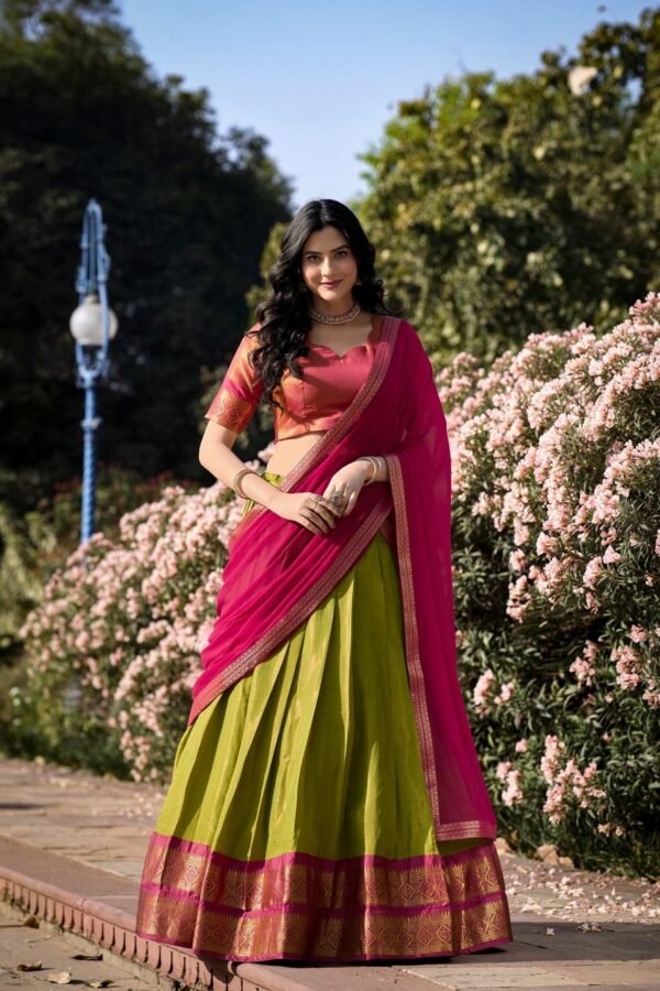 2001PSTMAIN1.jpg Parrot Green Color Zari Weaving Work Kanchipuram South Culture Lehenga Choli