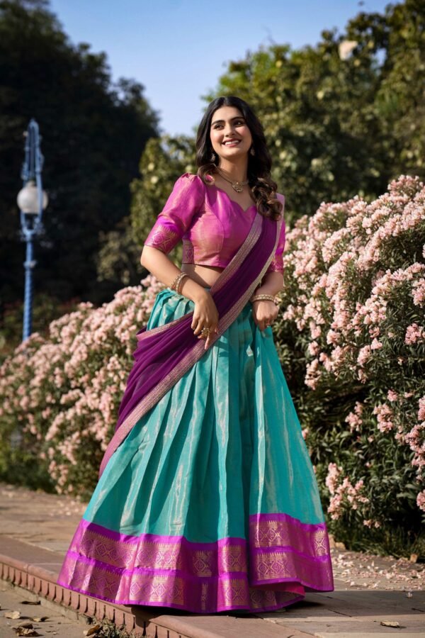 2001SBLMAIN2.jpg Sky Blue Color Zari Weaving Work Kanchipuram Women Lehenga Choli