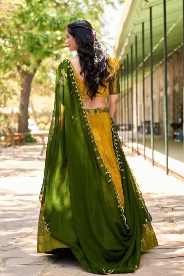 2020YLWBACK.jpg Yellow Color Zari Weaving Work Kanjivaram Lehenga Choli