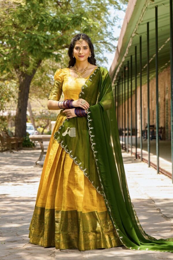 2020YLWMAIN.jpg Yellow Color Zari Weaving Work Kanjivaram Lehenga Choli