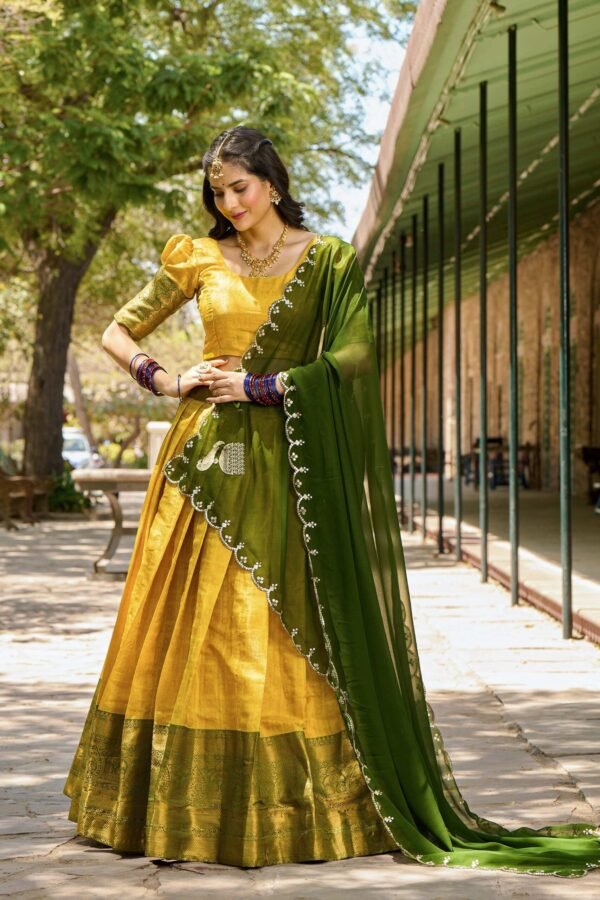 2020YLWMAIN1.jpg Yellow Color Zari Weaving Work Kanjivaram Lehenga Choli
