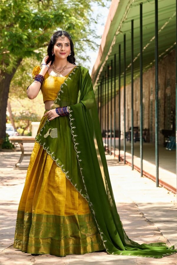 2020YLWMAIN2.jpg Yellow Color Zari Weaving Work Kanjivaram Lehenga Choli
