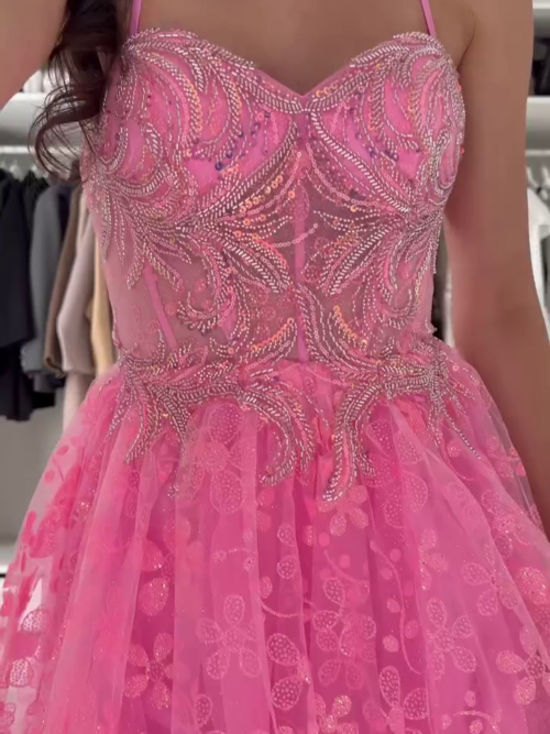 Hot Pink Beaded Tulle Prom Dress – Glamorous Princess Party Look