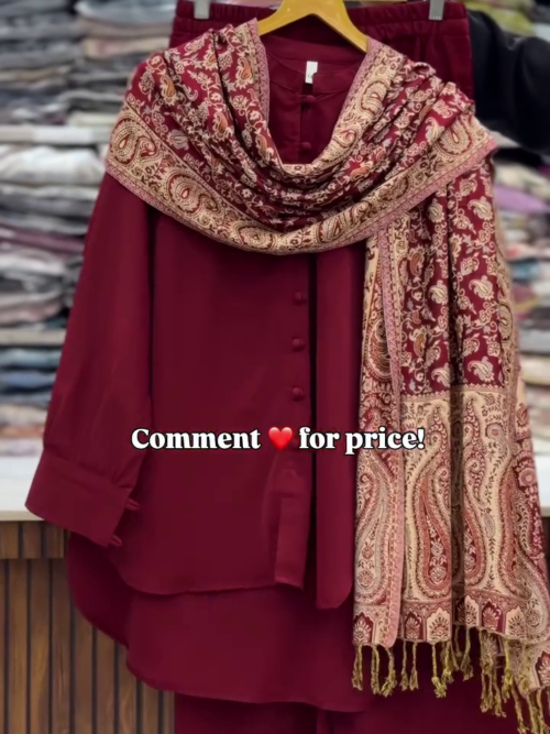 Elegant Maroon Co-Ord Set with Heavy Kashmiri Pashmina Shawl