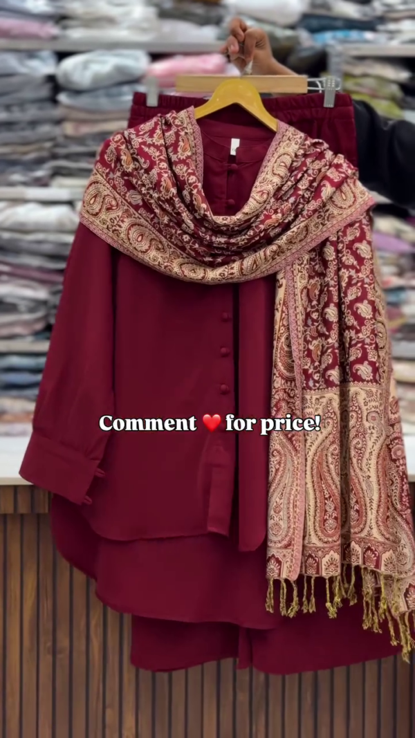 34 (6) Elegant Maroon Co-Ord Set with Heavy Kashmiri Pashmina Shawl
