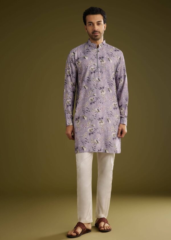 364_1 Purple Zipper Kurta Set in Russian Silk with Floral Print