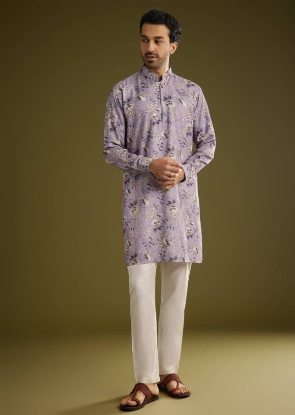 364_2 Purple Zipper Kurta Set in Russian Silk with Floral Print