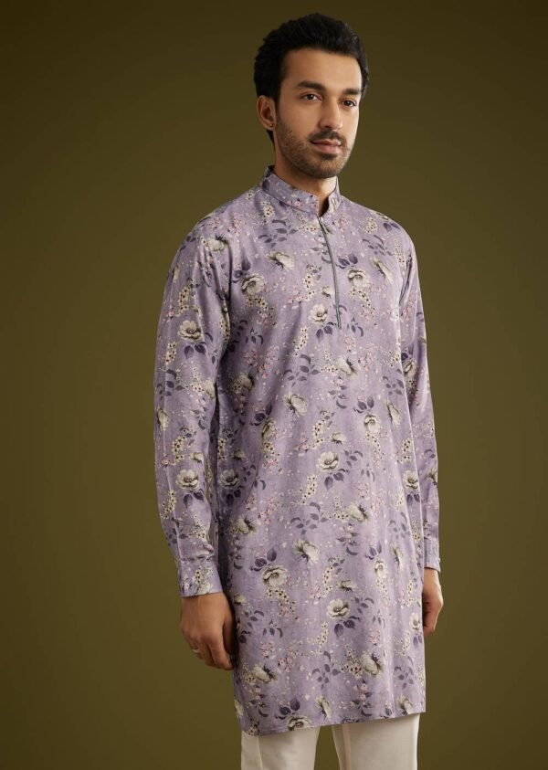 364_3 Purple Zipper Kurta Set in Russian Silk with Floral Print