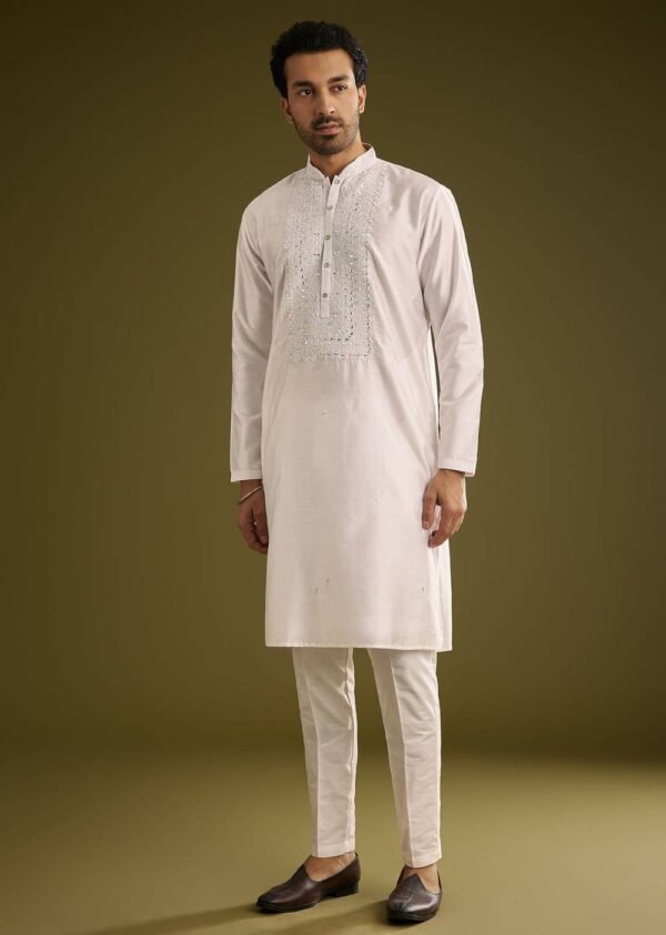 Off White Silk Kurta Set With Thread And Mirror Work