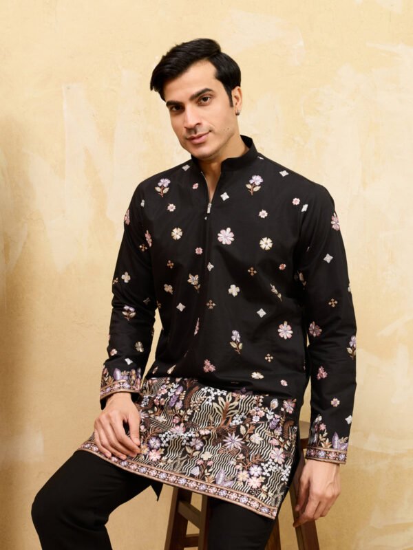 374_2 Royal Black Embroidered Designer Kurta Set with Premium Finish
