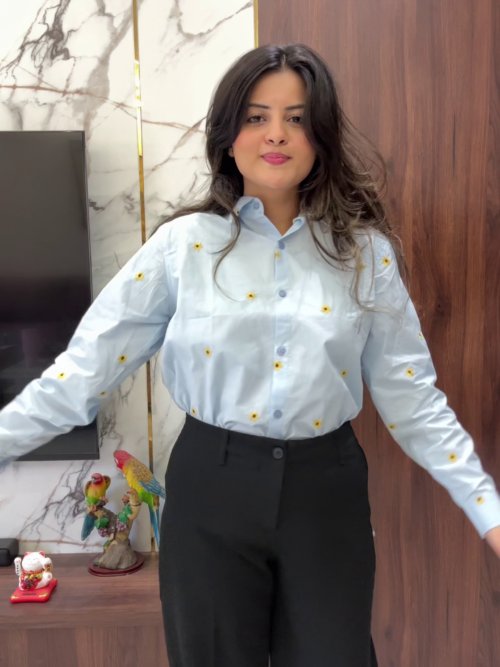 435 (1) Fresh Light Blue Shirt with Yellow Floral Embroidery – Effortless Chic Style