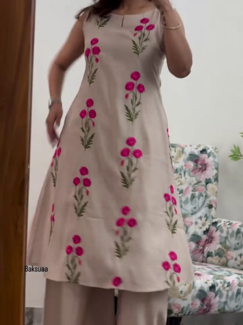 Beige Floral A-Line Kurta Palazzo Set