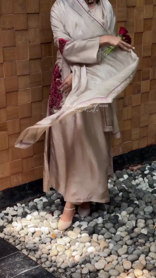 Beige Satin Kurta Set with Embroidery