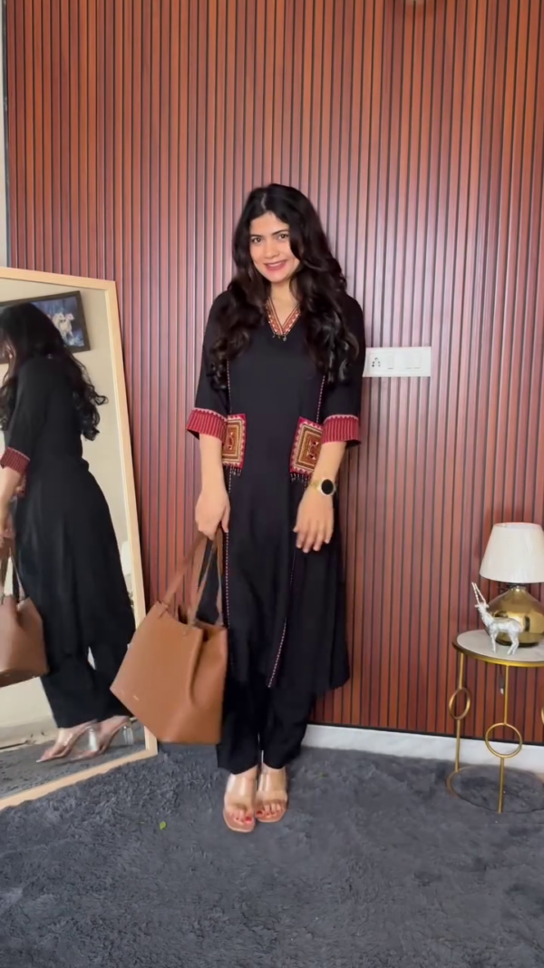 Black Kurta Pant Set with Handbag