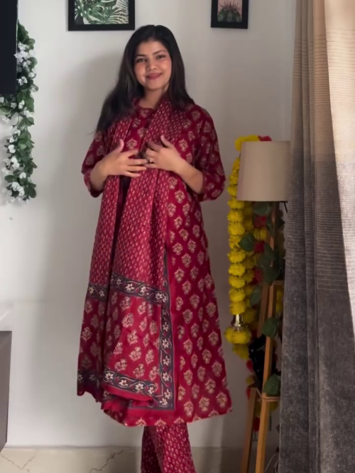 Maroon Printed Kurta Set