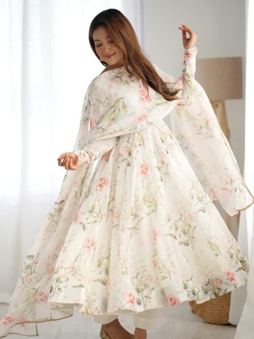IMG_5429.jpg White Flower Print Organza Silk Anarkali Suit Set