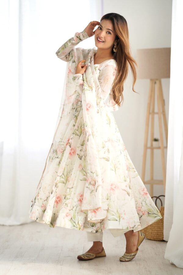 IMG_5439.jpg White Flower Print Organza Silk Anarkali Suit Set